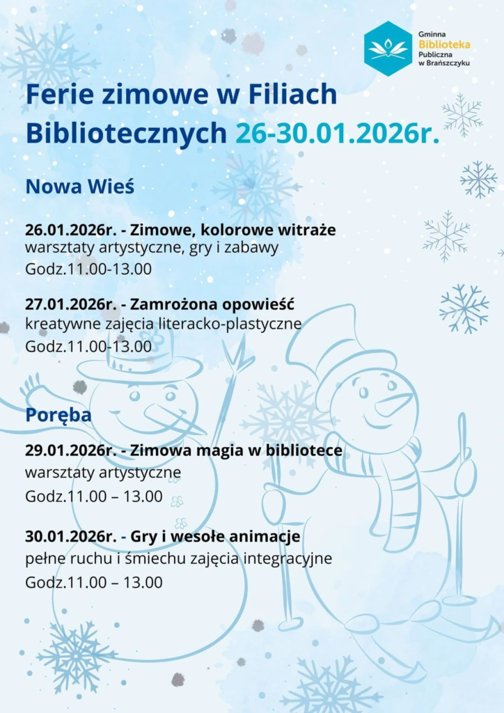 Plakat: Ferie w filiach w Nowej Wsi i Porębie — program 2026