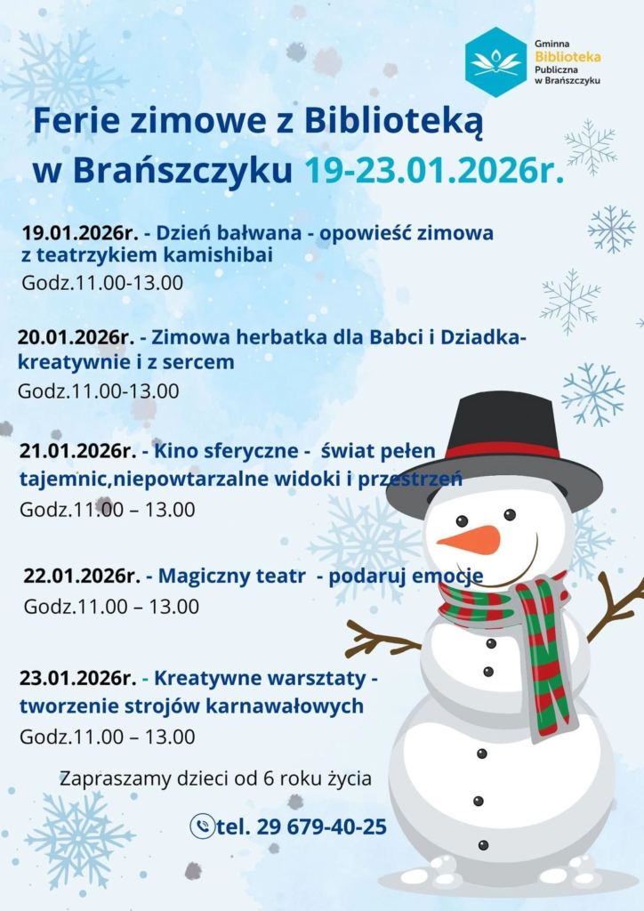 Plakat: Ferie z Biblioteką w Brańszczyku — program i zapisy 2026