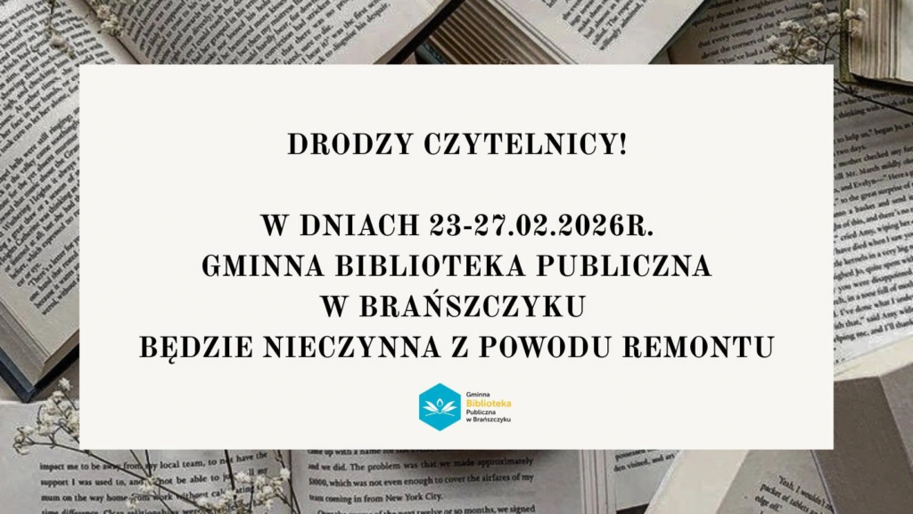 Plakat: Biblioteka nieczynna 23–27 lutego 2026 — remont