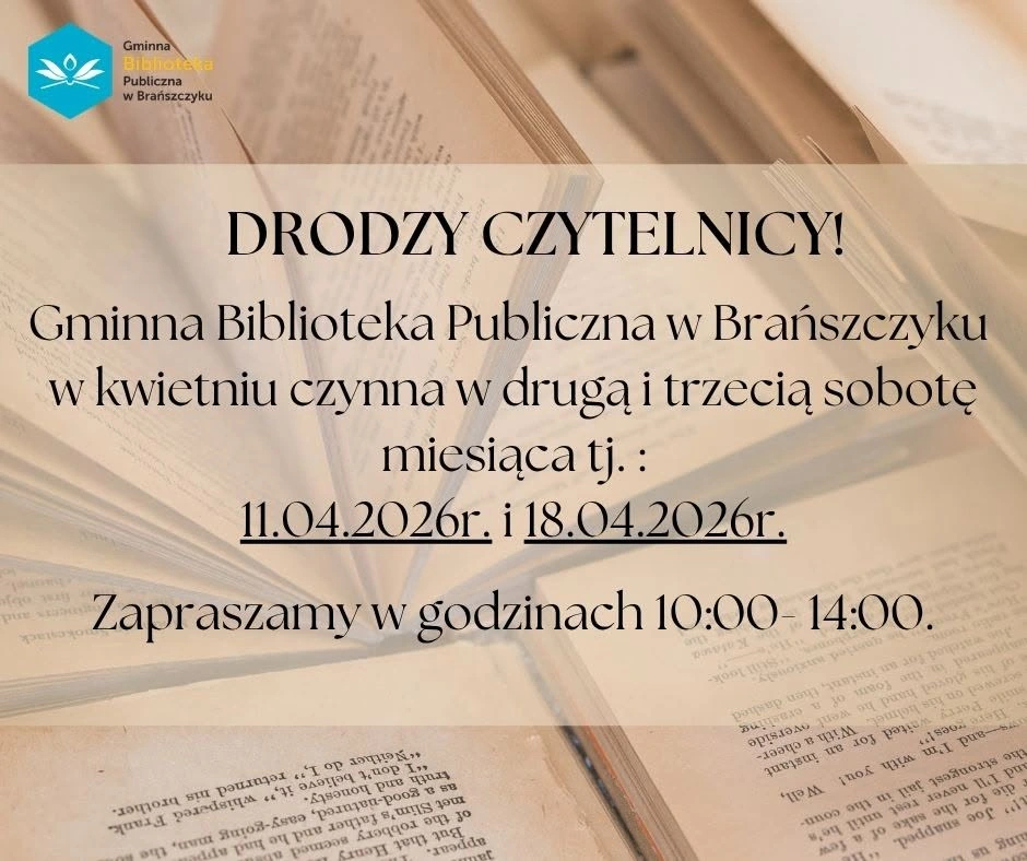 Plakat: Sobotnie godziny otwarcia Biblioteki — kwiecień 2026