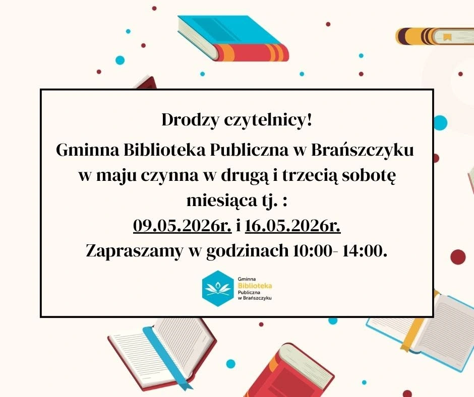 Plakat: Sobotnie godziny otwarcia Biblioteki — maj 2026
