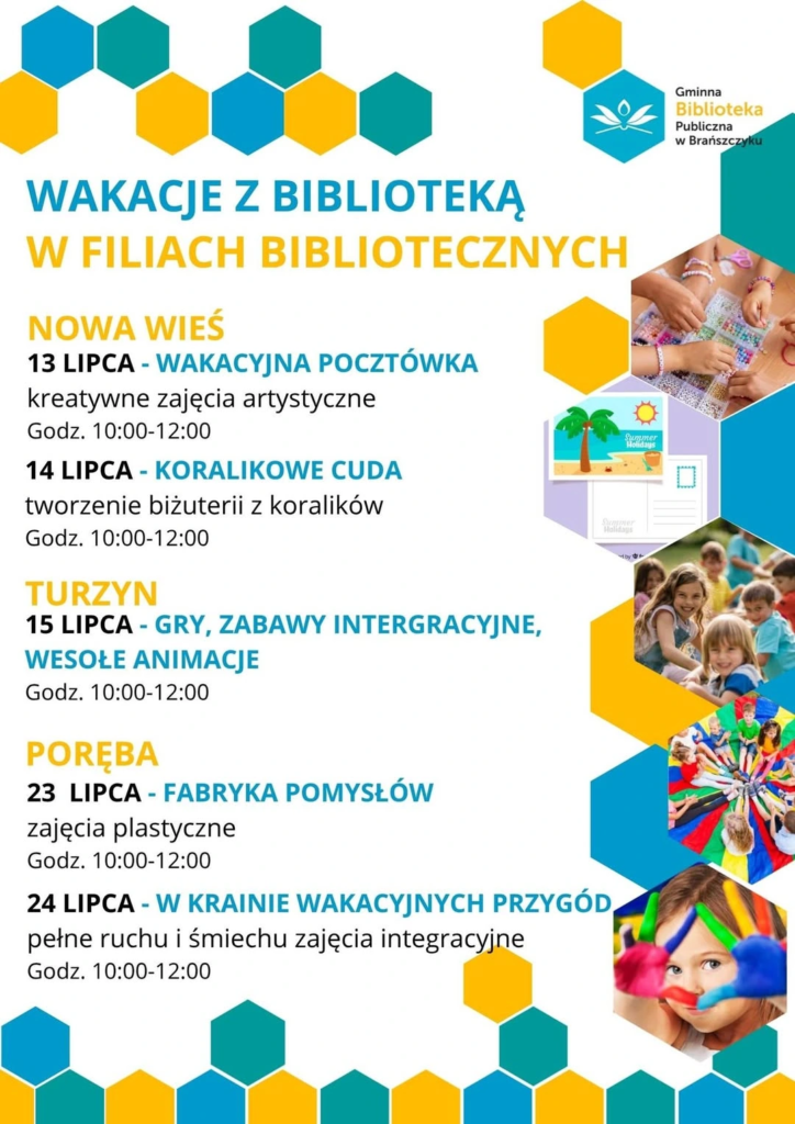 Plakat: Wakacje w filiach bibliotecznych — program na lipiec 2026