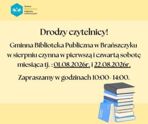 Plakat: Sobotnie godziny otwarcia Biblioteki — sierpień 2026