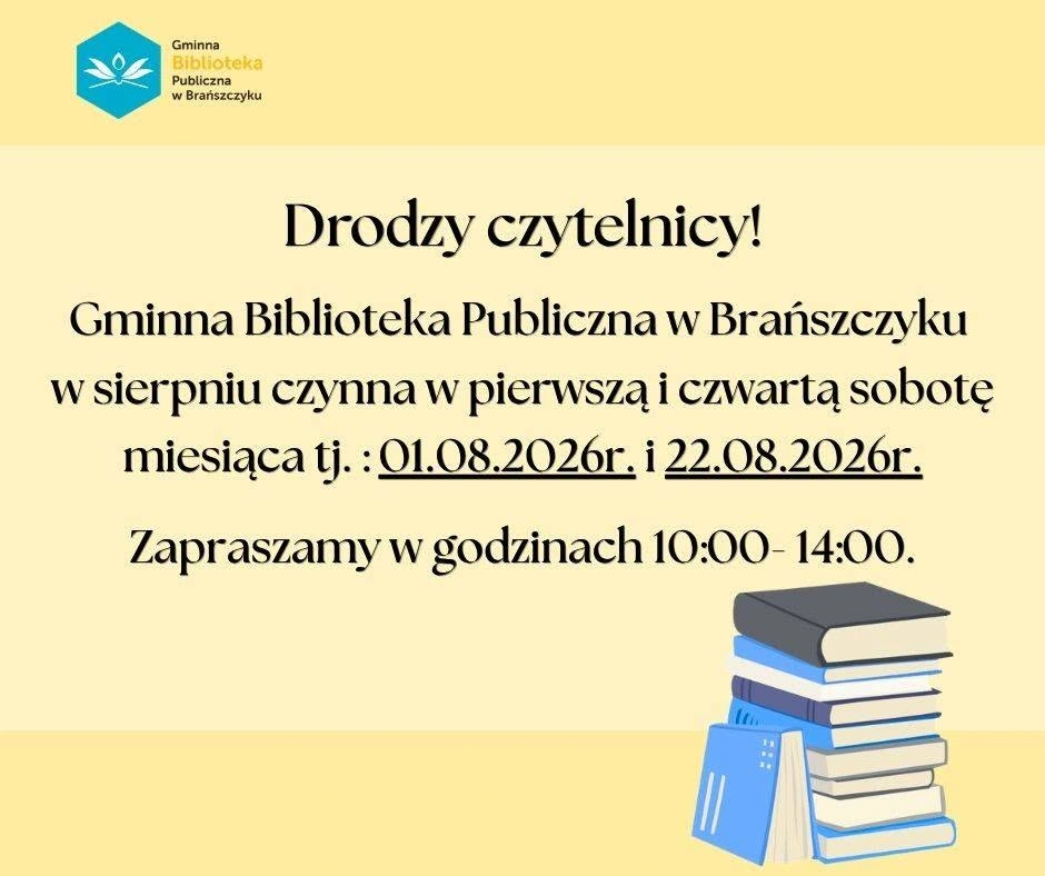 Plakat: Sobotnie godziny otwarcia Biblioteki — sierpień 2026